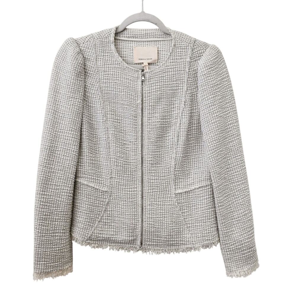 Rebecca Taylor Gray White Metallic Stretch Tweed Full Zip Jacket Size 6